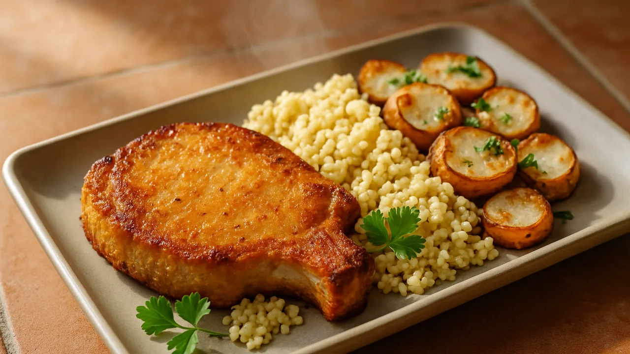 Meal-Prep Schweinekotelett Bowl mit Hirse und Topinambur aus dem Airfryer mit Schweinekotelett und Topinambur, auf …