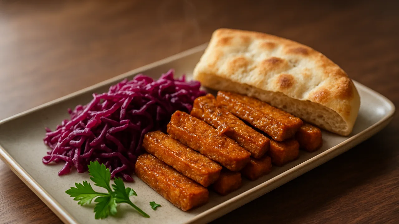Meal-Prep Seitan Bowl mit Brot und Rotkohl aus dem Airfryer mit Seitan und Rotkohl, auf dunklem Walnussholz angerichtet.