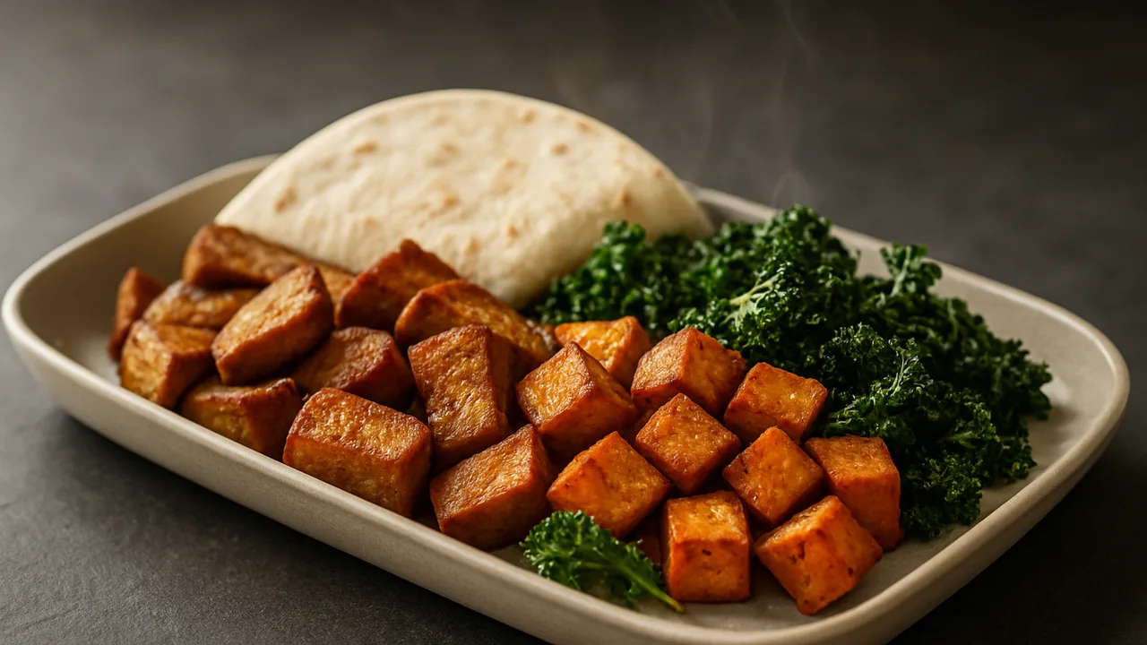 Meal-Prep Seitan Bowl mit Tortilla und Grünkohl aus dem Airfryer mit Seitan und Süßkartoffel, auf dunklem Schiefer …