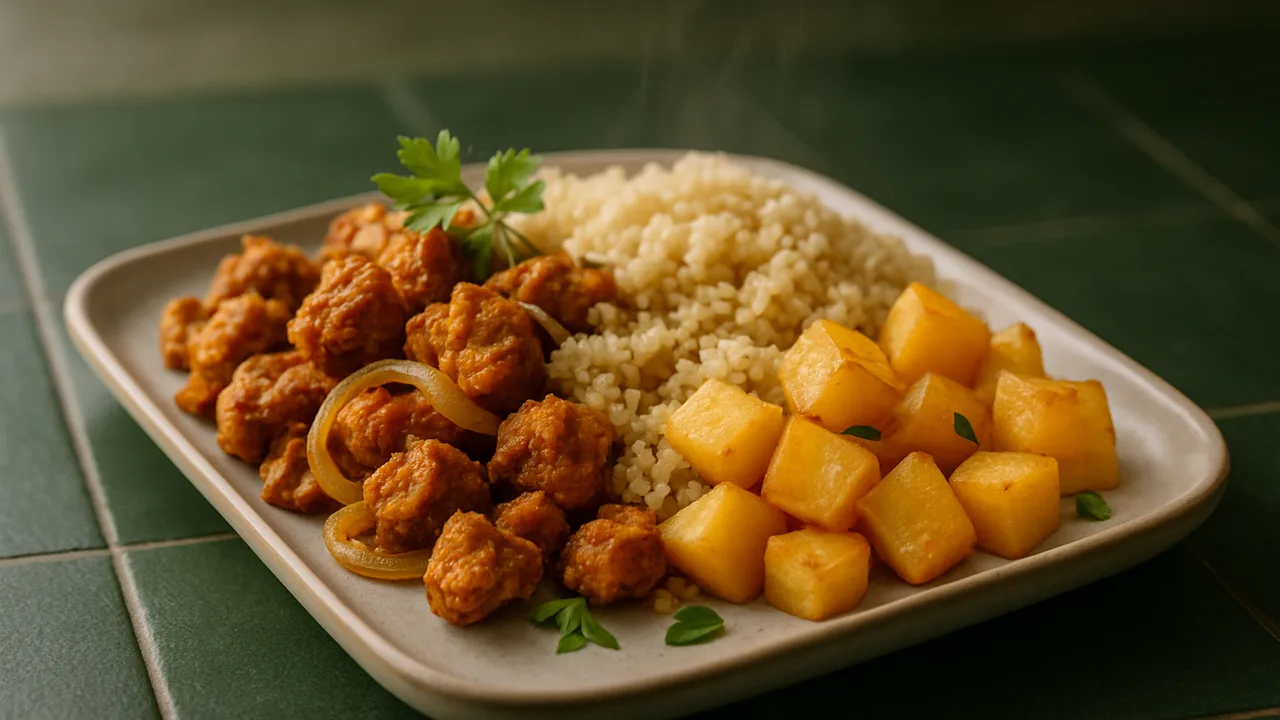 Meal-Prep Sojaschnetzel Bowl mit Couscous und Steckrübe aus dem Airfryer mit Sojaschnetzel und Steckrübe, auf dunkelgrünen …
