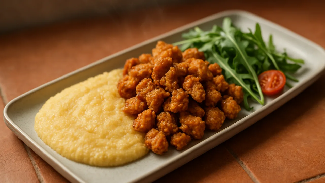 Meal-Prep Sojaschnetzel Bowl mit Polenta und Rucola aus dem Airfryer mit Sojaschnetzel, getrocknet und Gemüsebrühe, auf …