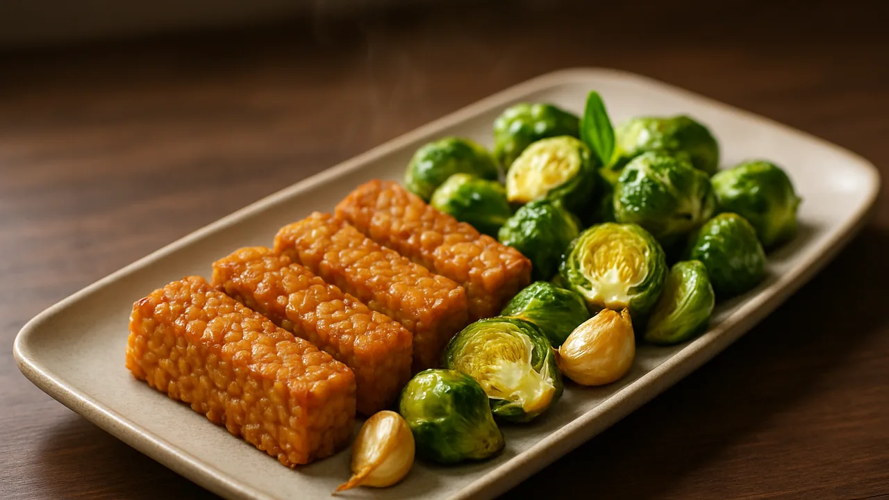 Meal-Prep Tempeh mit Rosenkohl aus dem Airfryer mit Tempeh und Rosenkohl, auf dunklem Walnussholz angerichtet.