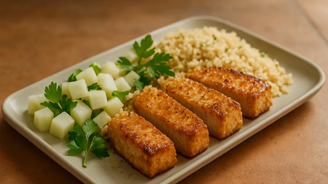 Meal-Prep Thunfisch Bowl mit Couscous und Kohlrabi aus dem Airfryer mit Thunfisch-Steaks und Couscous, auf …
