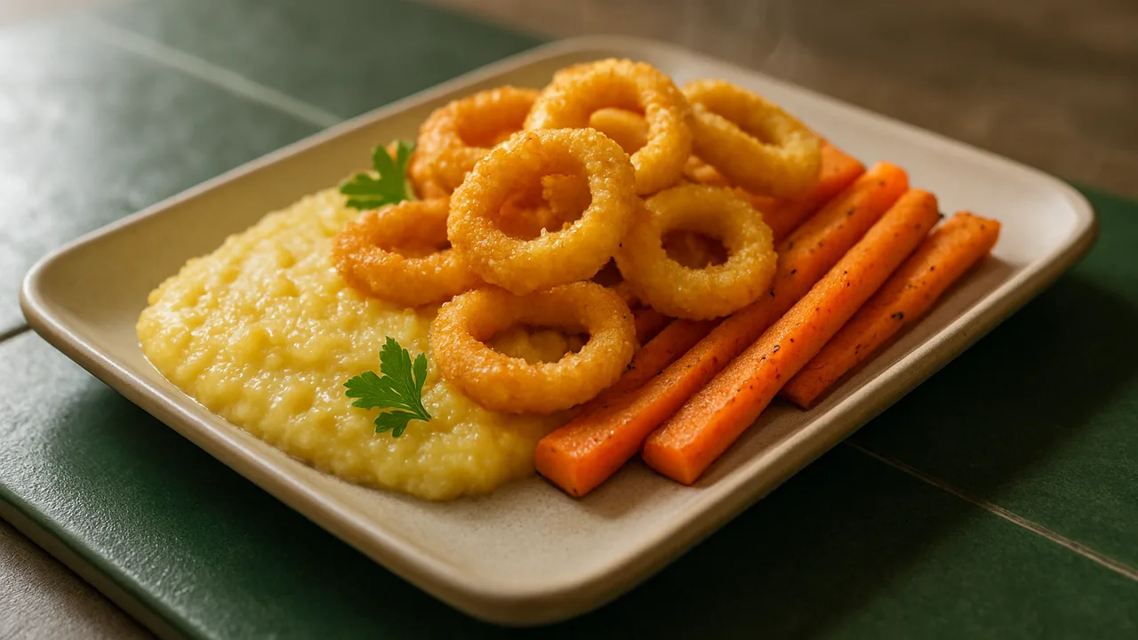 Meal-Prep Tintenfisch Bowl mit Polenta und Karotte aus dem Airfryer mit Tintenfischringe und Polenta (Maisgrieß), auf …