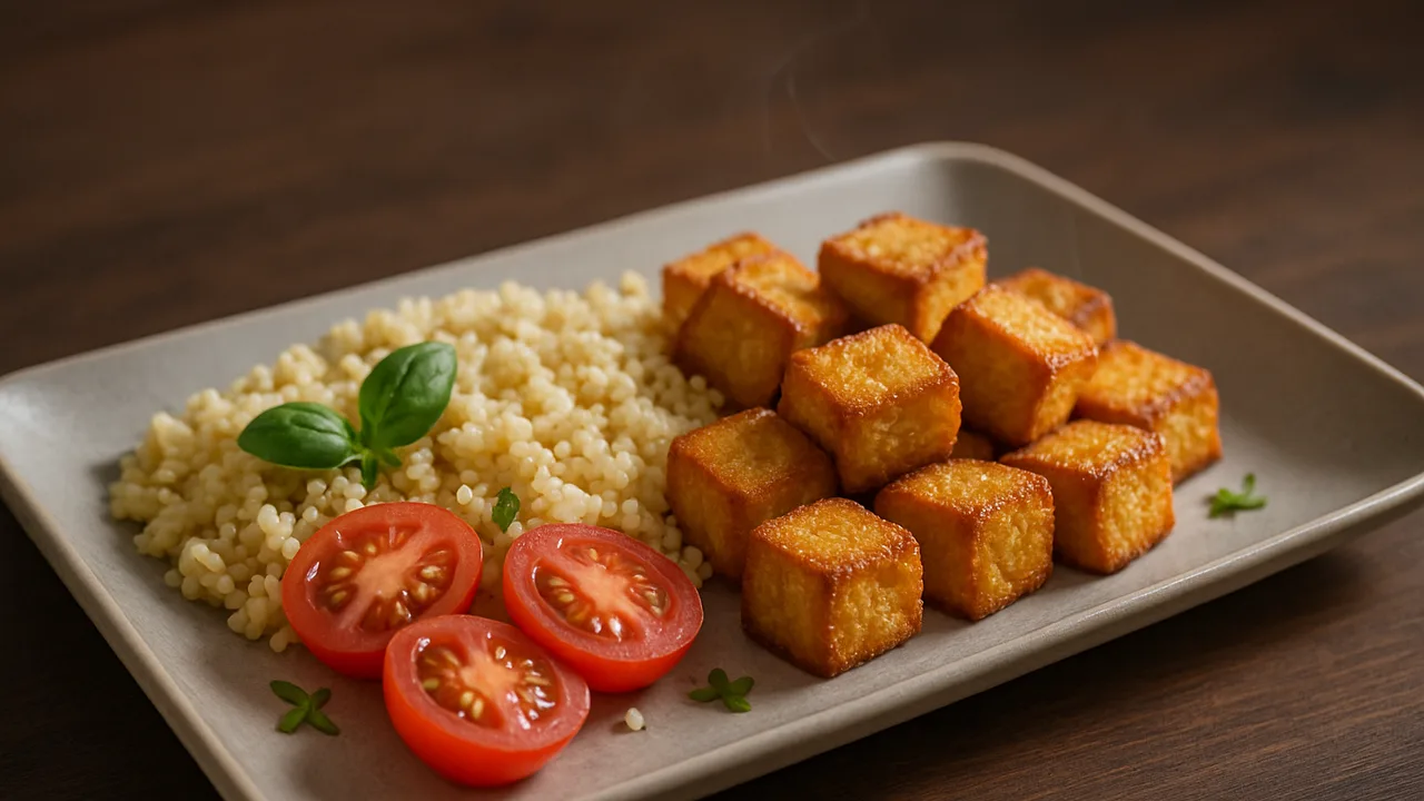 Meal-Prep Tofu Bowl mit Hirse und Tomate aus dem Airfryer mit Tofu und Hirse, auf dunklem Walnussholz angerichtet.
