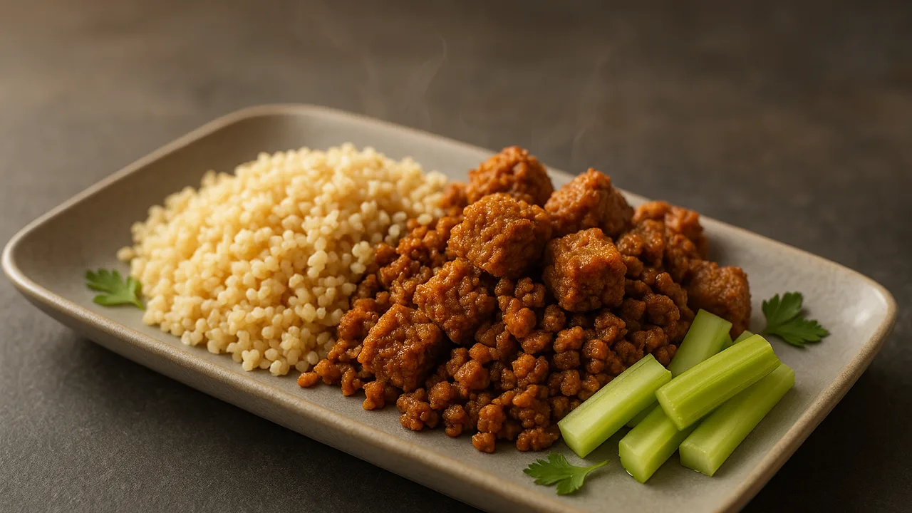 Meal-Prep Veggie-Hack Bowl mit Bulgur und Sellerie aus dem Airfryer mit Veggie-Hack und Bulgur, auf dunklem Schiefer …