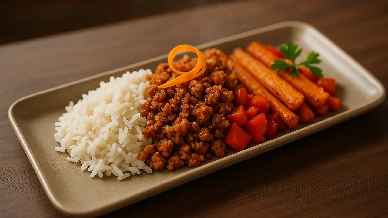 Meal-Prep Veggie-Hack Bowl mit Reis und Karotte aus dem Airfryer mit Veggie-Hack und Karotten, auf dunklem Walnussholz …
