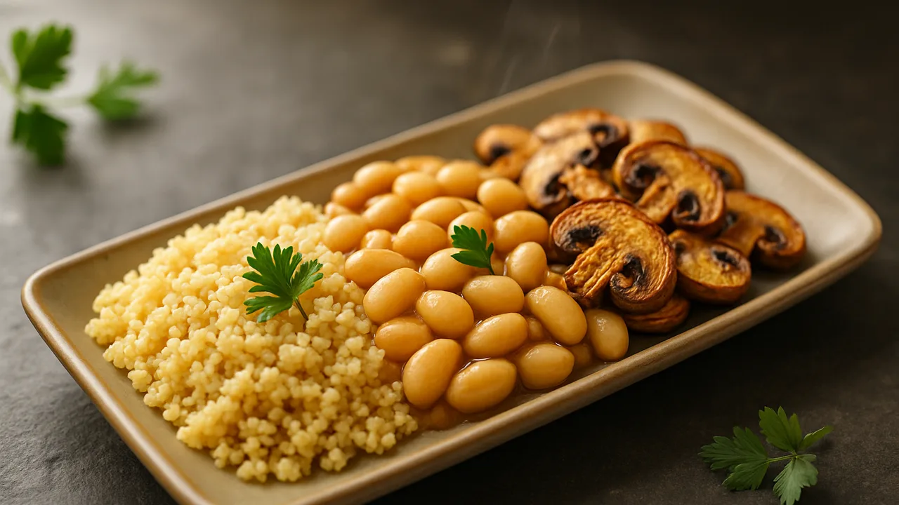 Meal-Prep Weiße Bohnen Bowl mit Couscous und Champignons aus dem Airfryer mit Weiße Bohnen und Couscous, auf dunklem …