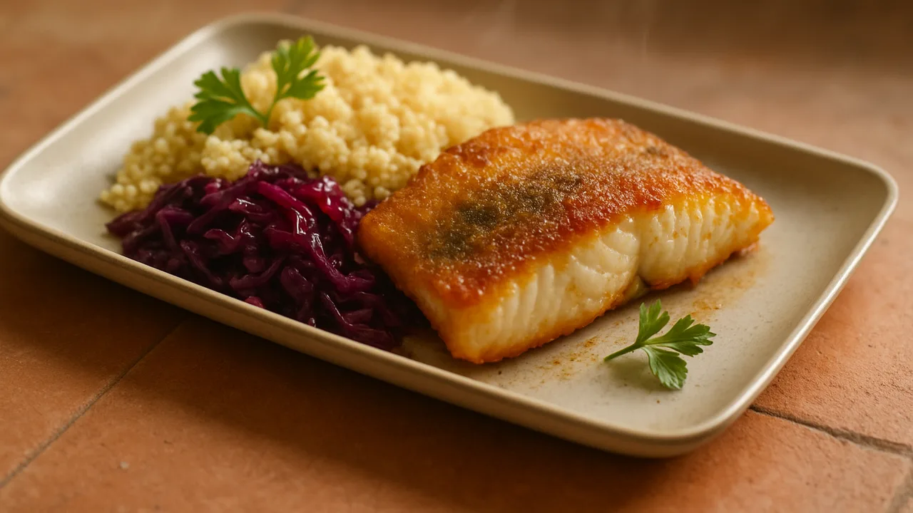 Meal-Prep Zander Bowl mit Hirse und Rotkohl aus dem Airfryer mit Zanderfilet und Hirse, auf Terracotta-Fliesen angerichtet.