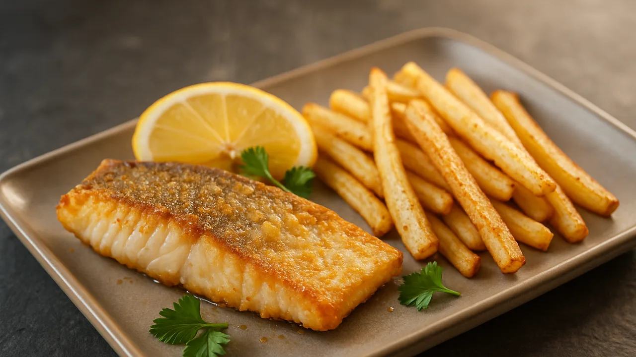 Meal-Prep Zander mit Pastinake aus dem Airfryer mit Zanderfilet und Pastinake, auf dunklem Schiefer angerichtet.