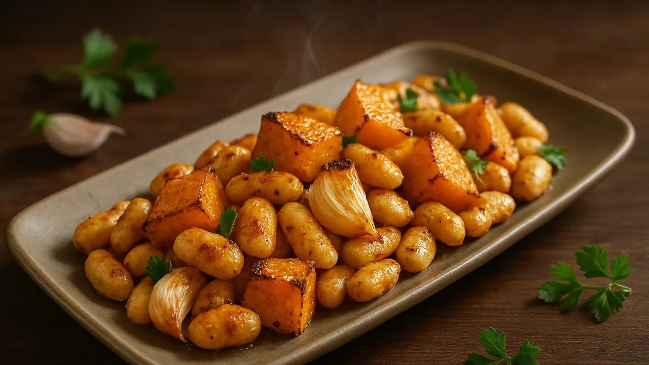 Mediterran Weiße Bohnen mit Kürbis aus dem Airfryer mit weiße Bohnen und Kürbis, auf dunklem Walnussholz angerichtet.