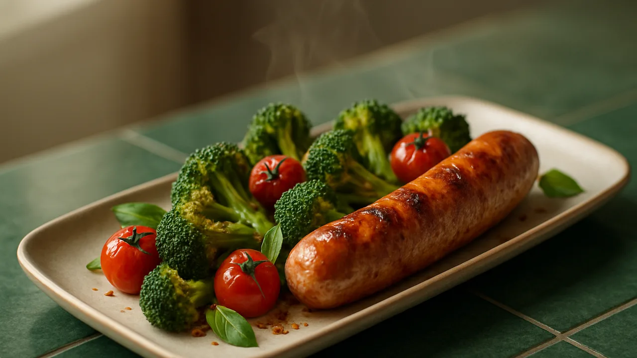Mediterrane Bratwurst mit Brokkoli aus dem Airfryer mit Bratwurst und Brokkoli, auf dunkelgrünen Fliesen angerichtet.