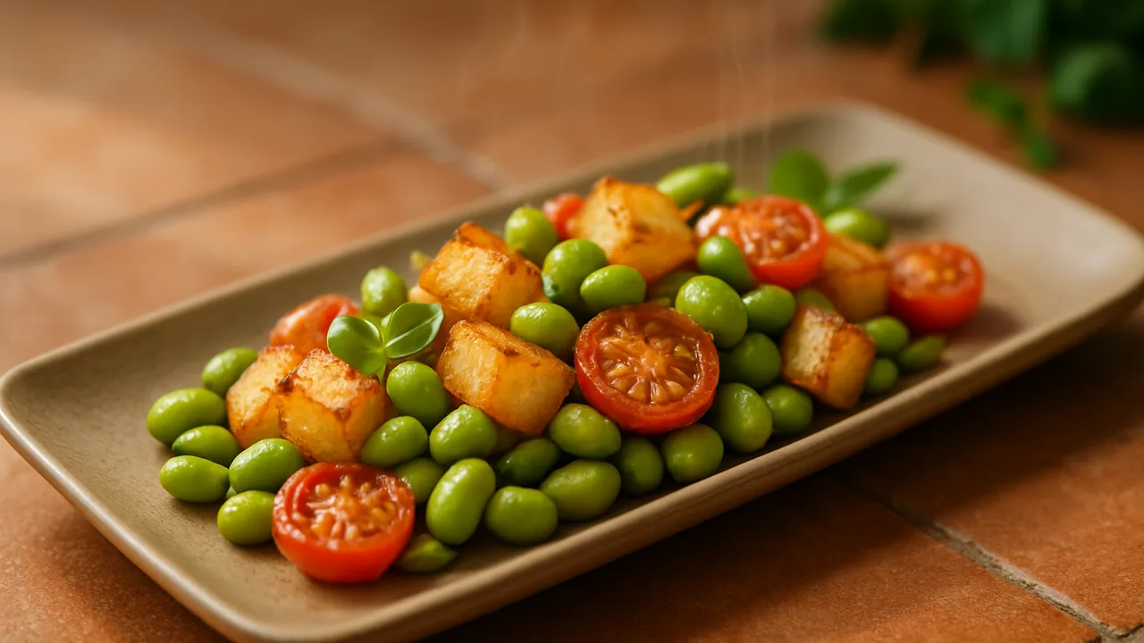 Mediterrane Edamame mit Kohlrabi aus dem Airfryer mit Edamame und Kohlrabi, auf Terracotta-Fliesen angerichtet.