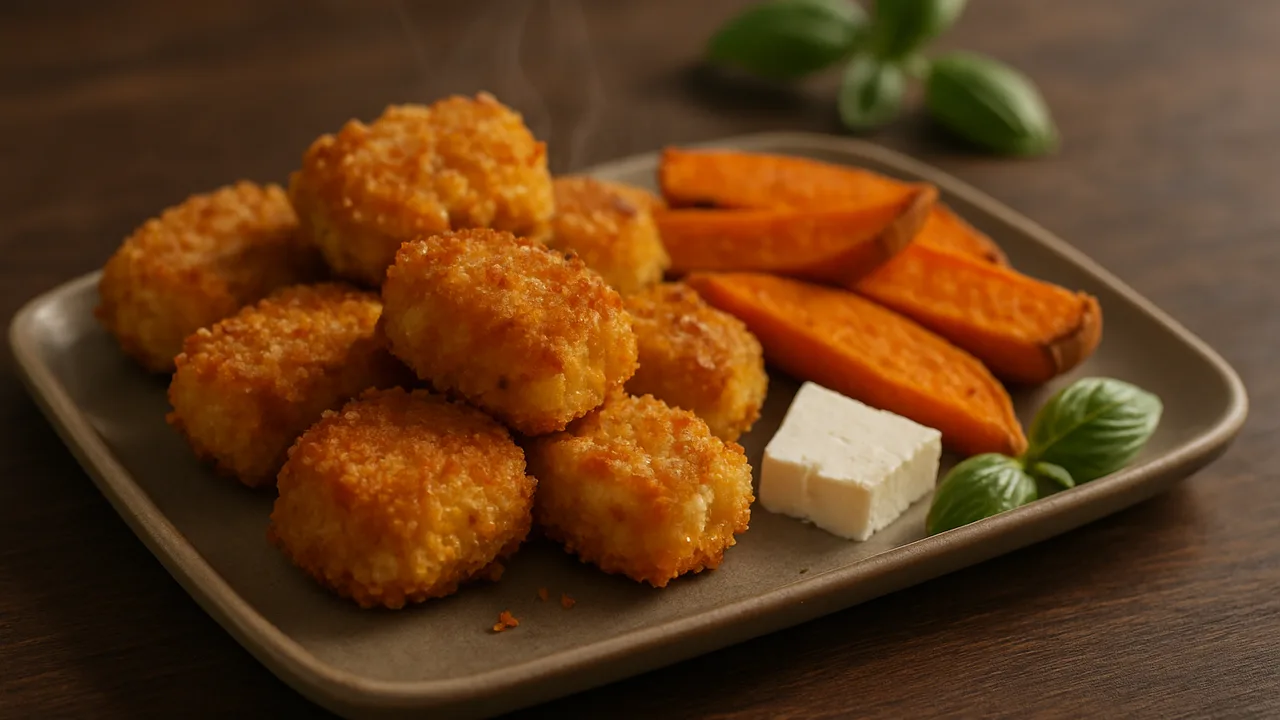 Mediterrane Feta Nuggets mit Süßkartoffel aus dem Airfryer mit Süßkartoffel und Feta, auf dunklem Walnussholz angerichtet.