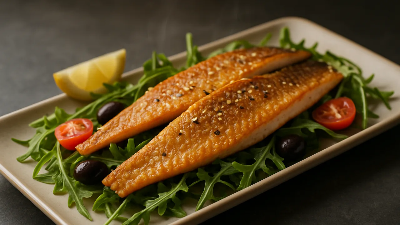 Mediterrane Forelle-Rucola-Schale aus dem Airfryer mit Forellenfilets und Sojasauce, auf dunklem Schiefer angerichtet.