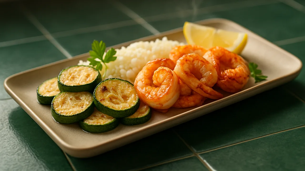 Mediterrane Garnelen Bowl mit Reis und Zucchini aus dem Airfryer mit Garnelen und Zucchini, auf dunkelgrünen Fliesen …