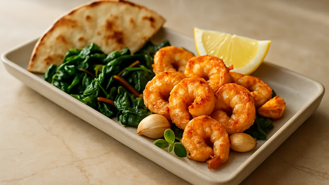 Mediterrane Garnelen Bowl mit Tortilla und Mangold aus dem Airfryer mit Garnelen und Knoblauchzehen, auf beigem Marmor …