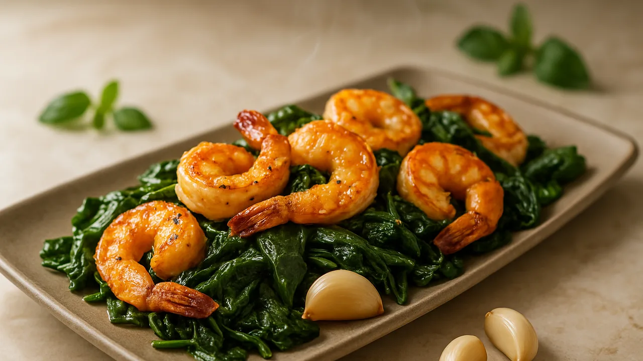 Mediterrane Garnelen mit Spinat aus dem Airfryer mit Garnelen und Blattspinat, auf beigem Marmor angerichtet.