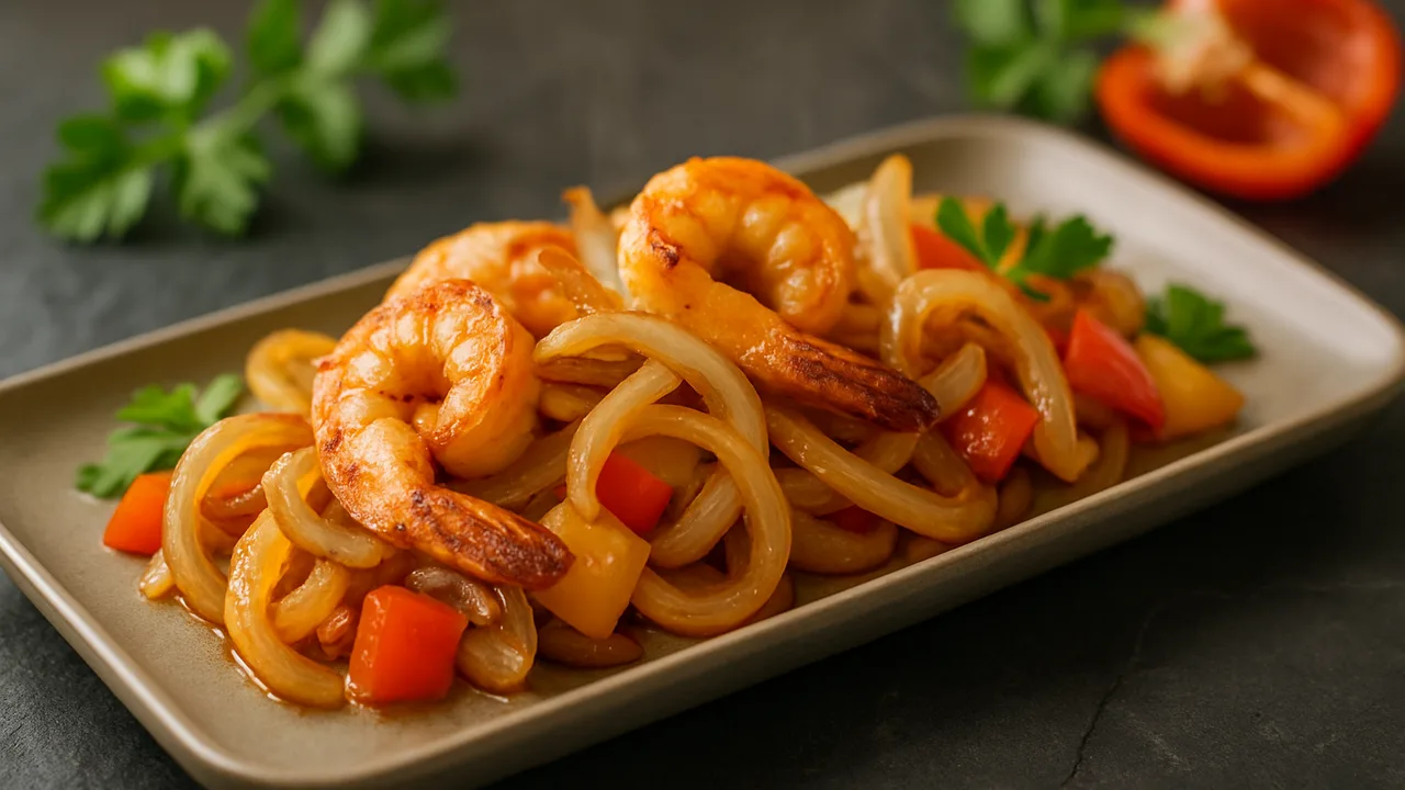 Mediterrane Garnelen mit Zwiebel aus dem Airfryer mit Garnelen und Zwiebel, auf dunklem Schiefer angerichtet.