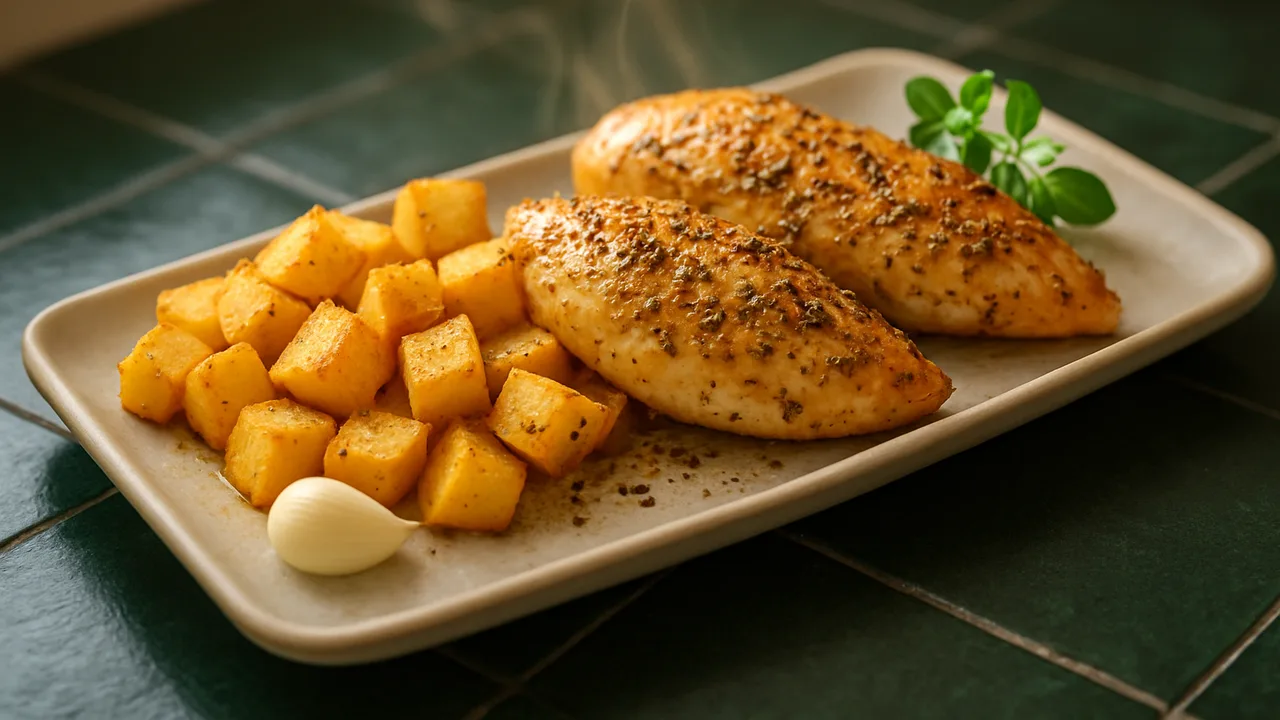 Mediterrane Hähnchenbrust mit Steckrübe aus dem Airfryer mit Hähnchenbrustfilets und Steckrübe, auf dunkelgrünen Fliesen …