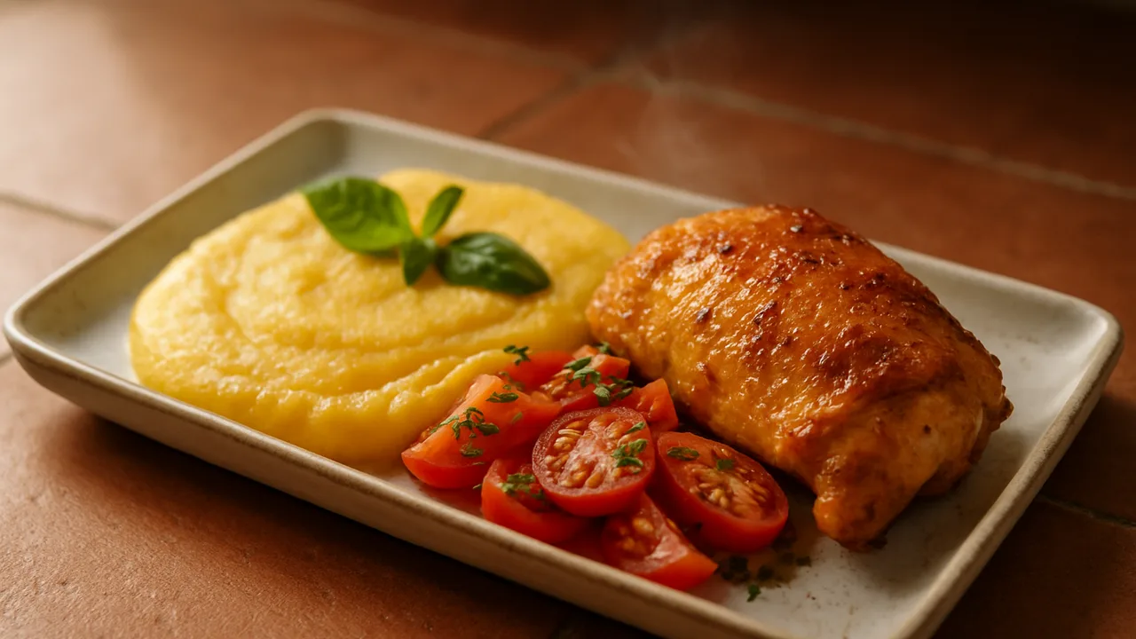 Mediterrane Hähnchenschenkel Bowl mit Polenta und Tomate aus dem Airfryer mit Hähnchenschenkel und Polenta, auf …