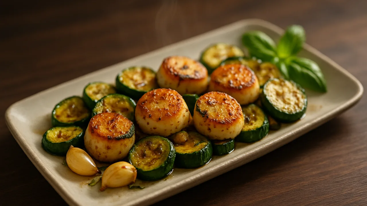 Mediterrane Jakobsmuscheln mit Zucchini aus dem Airfryer mit Jakobsmuscheln und Zucchini, auf dunklem Walnussholz …