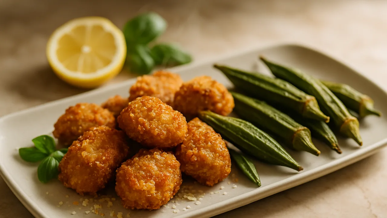Mediterrane Kalbsschnitzel Nuggets mit Okra aus dem Airfryer mit Kalbsschnitzel und Ei, auf beigem Marmor angerichtet.