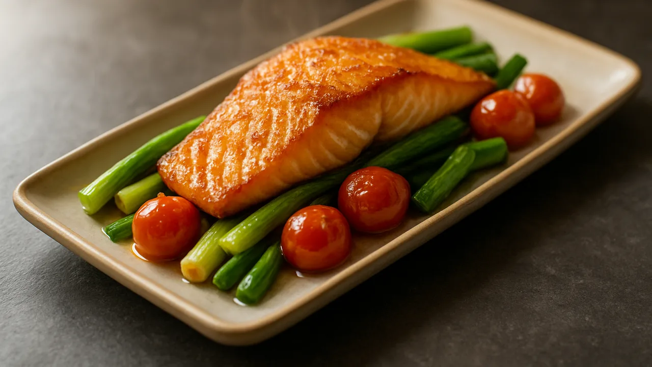 Mediterrane Lachs-Frühlingszwiebel-Schale aus dem Airfryer mit Lachsfilet und Frühlingszwiebeln, auf dunklem Schiefer …