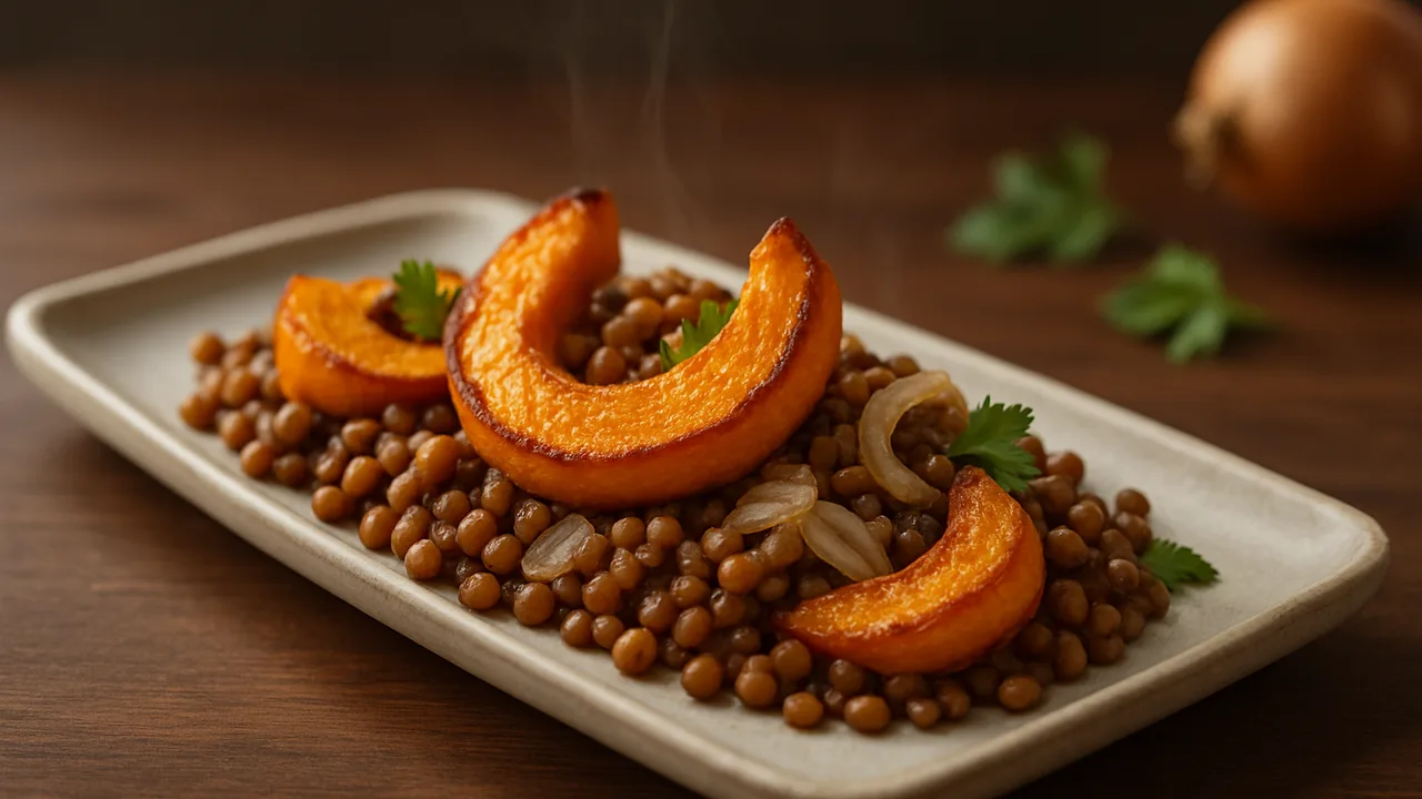 Mediterrane Linsen mit Kürbis aus dem Airfryer mit Kürbis und vorgekochte Linsen, auf dunklem Walnussholz angerichtet.