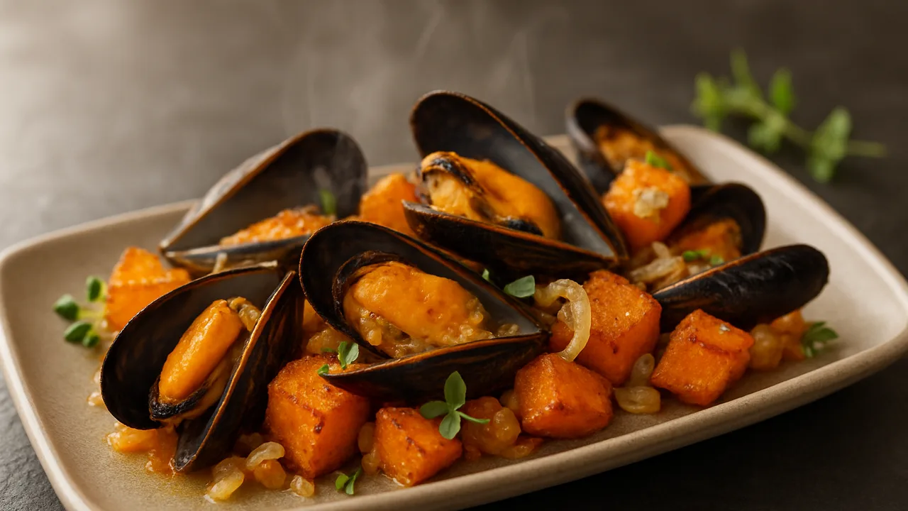 Mediterrane Miesmuscheln mit Kürbis aus dem Airfryer mit Miesmuscheln und Kürbis, auf dunklem Schiefer angerichtet.