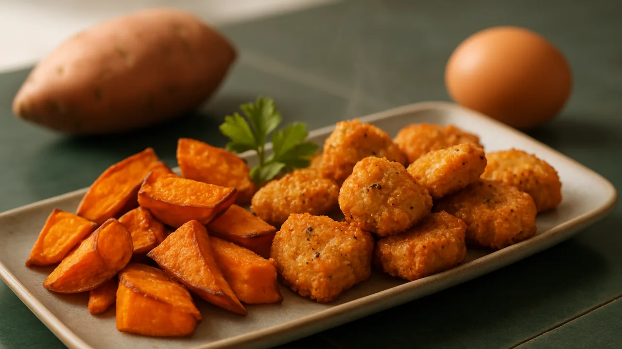 Mediterrane Putenbrust Nuggets mit Süßkartoffel aus dem Airfryer mit Putenbrust und Süßkartoffel, auf dunkelgrünen Fliesen …