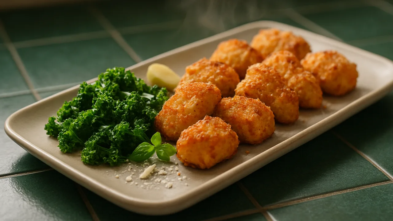 Mediterrane Rotbarsch Nuggets mit Grünkohl aus dem Airfryer mit Rotbarschfilet und Ei, auf dunkelgrünen Fliesen angerichtet.