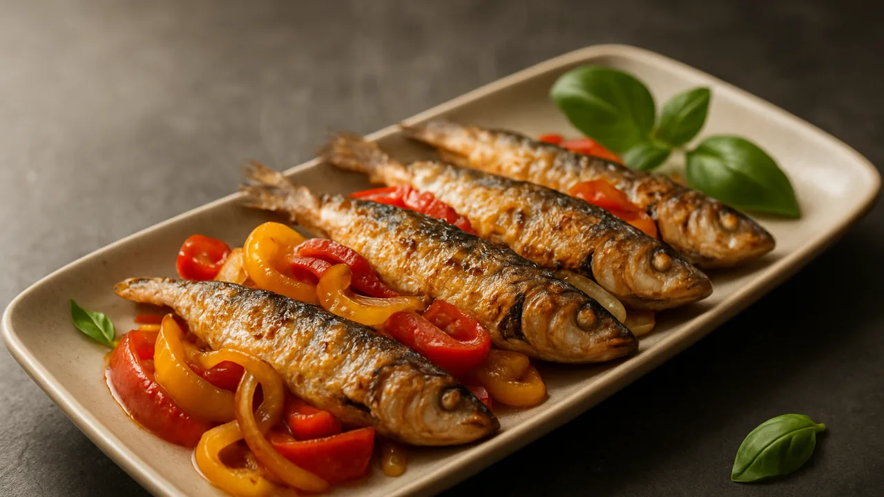 Mediterrane Sardinen mit Paprika aus dem Airfryer mit Sardinen und Paprika (rot und gelb), auf dunklem Schiefer angerichtet.