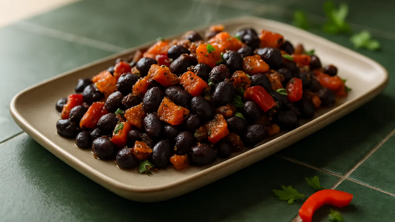 Mediterrane Schwarze Bohnen mit Chili aus dem Airfryer mit Schwarze Bohnen (aus der Dose, abgetropft) und Paprika, auf …