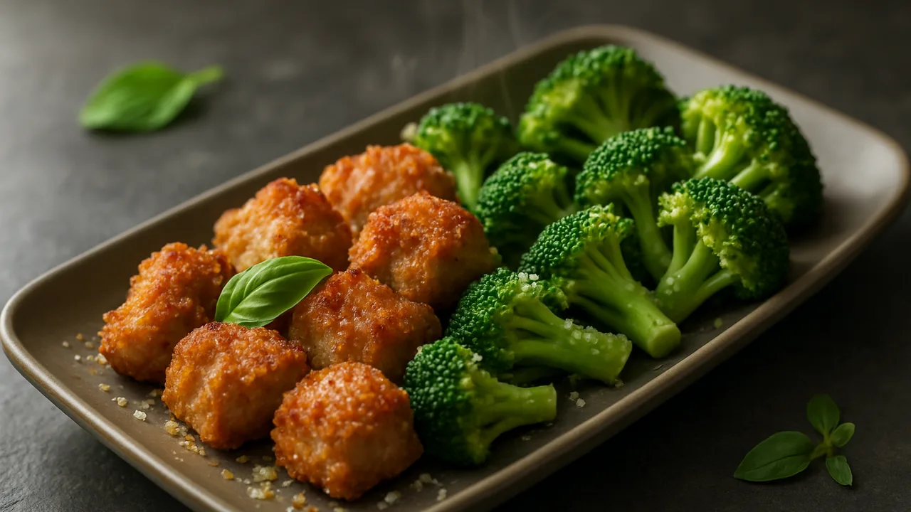 Mediterrane Schweinefilet-Nuggets mit Brokkoli aus dem Airfryer mit Schweinefilet und Brokkoli, auf dunklem Schiefer …