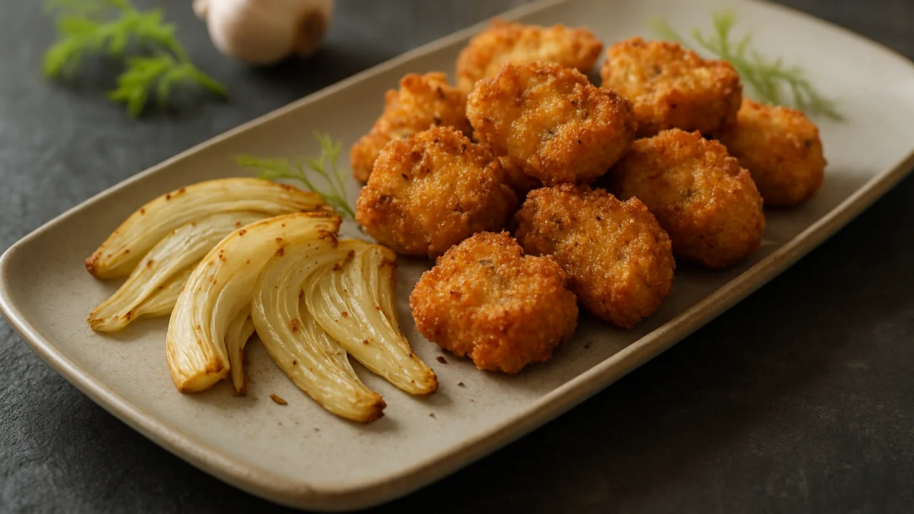 Mediterrane Schweinekotelett Nuggets mit Fenchel aus dem Airfryer mit Schweinekotelett und Fenchel, auf dunklem Schiefer …