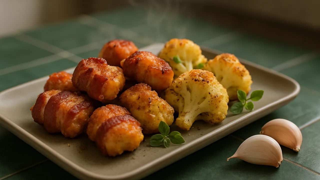 Mediterrane Speck Nuggets mit Blumenkohl aus dem Airfryer mit Speck und Blumenkohl, auf dunkelgrünen Fliesen angerichtet.