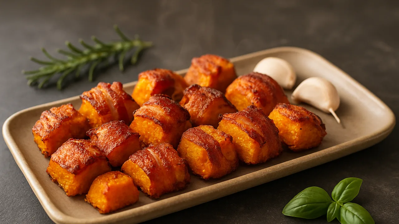 Mediterrane Speck Nuggets mit Kürbis aus dem Airfryer mit Speck und Hokkaidokürbis, auf dunklem Schiefer angerichtet.