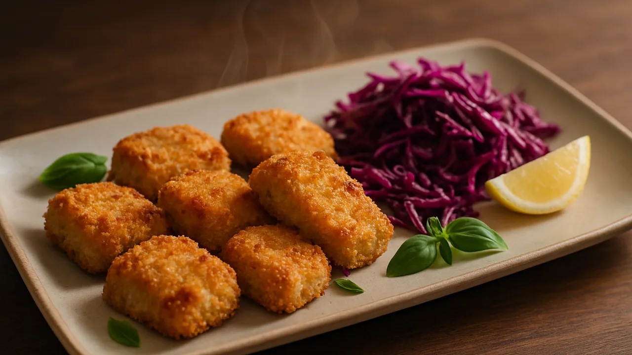 Mediterrane Thunfisch Nuggets mit Rotkohl aus dem Airfryer mit Thunfischfilet und Ei, auf dunklem Walnussholz angerichtet.