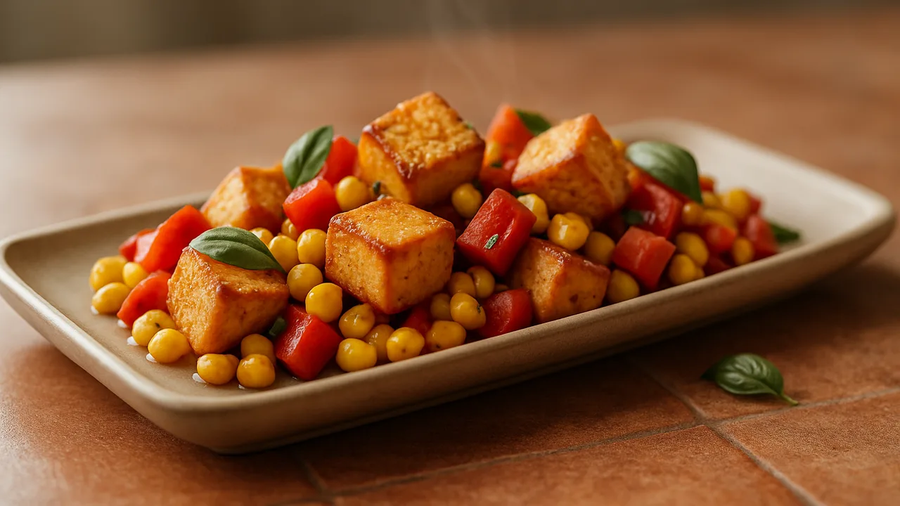 Mediterrane Tofu mit Mais aus dem Airfryer mit Tofu und Mais, auf Terracotta-Fliesen angerichtet.