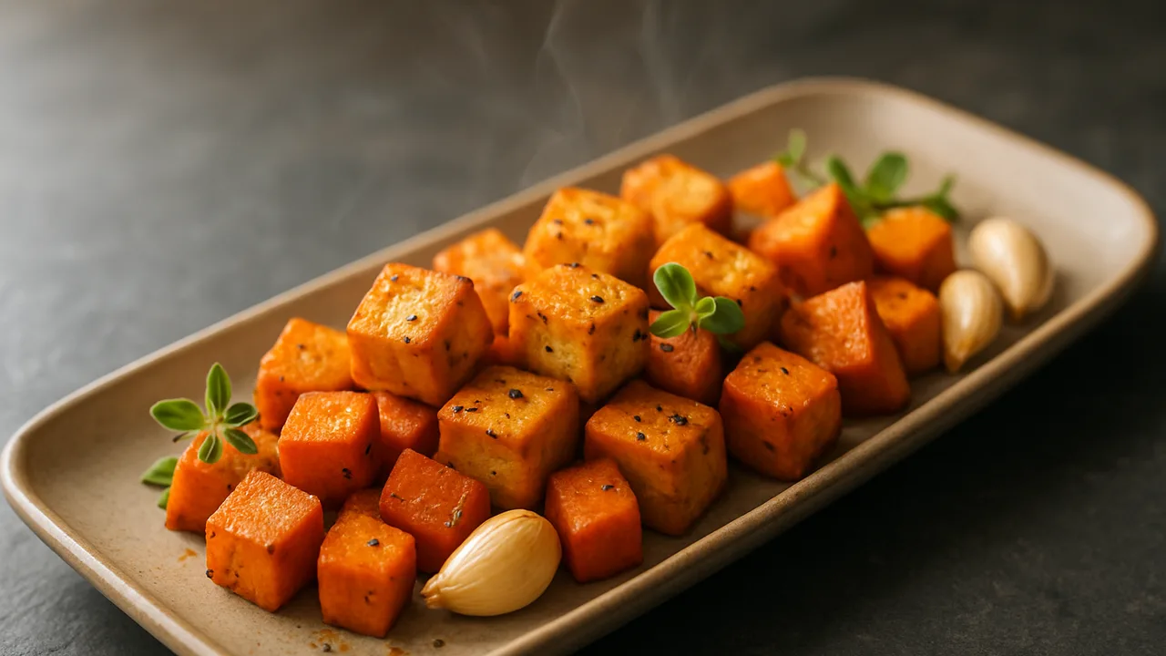 Mediterrane Tofu mit Süßkartoffel aus dem Airfryer mit Tofu und Süßkartoffel, auf dunklem Schiefer angerichtet.