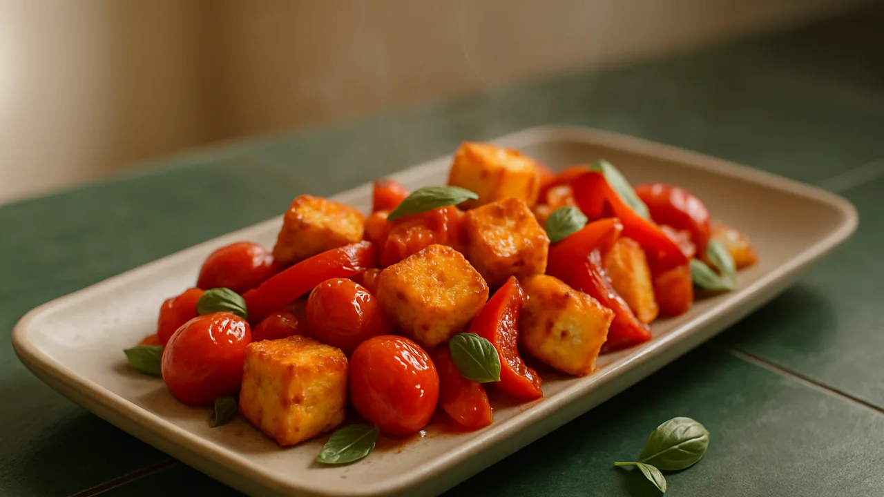 Mediterrane Tofu mit Tomaten aus dem Airfryer mit Tofu und Kirschtomaten, auf dunkelgrünen Fliesen angerichtet.