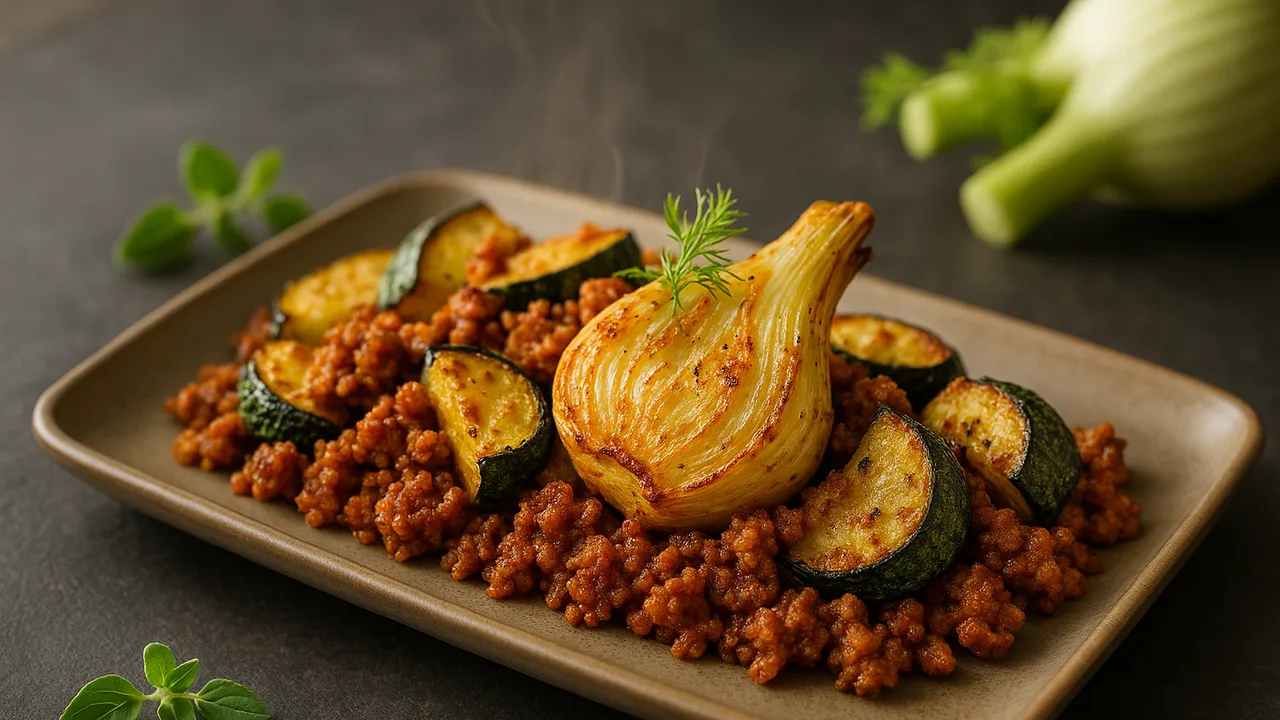 Mediterrane Veggie-Hack-Fenchel-Schale aus dem Airfryer mit Veggie Hack und Fenchelknolle, auf dunklem Schiefer angerichtet.