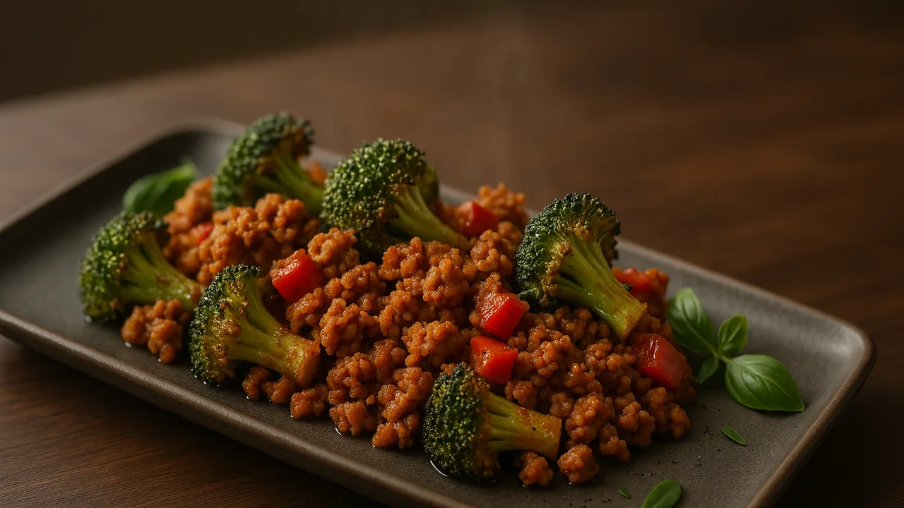 Mediterrane Veggie-Hack mit Brokkoli aus dem Airfryer mit Veggie-Hack und Brokkoli, auf dunklem Walnussholz angerichtet.
