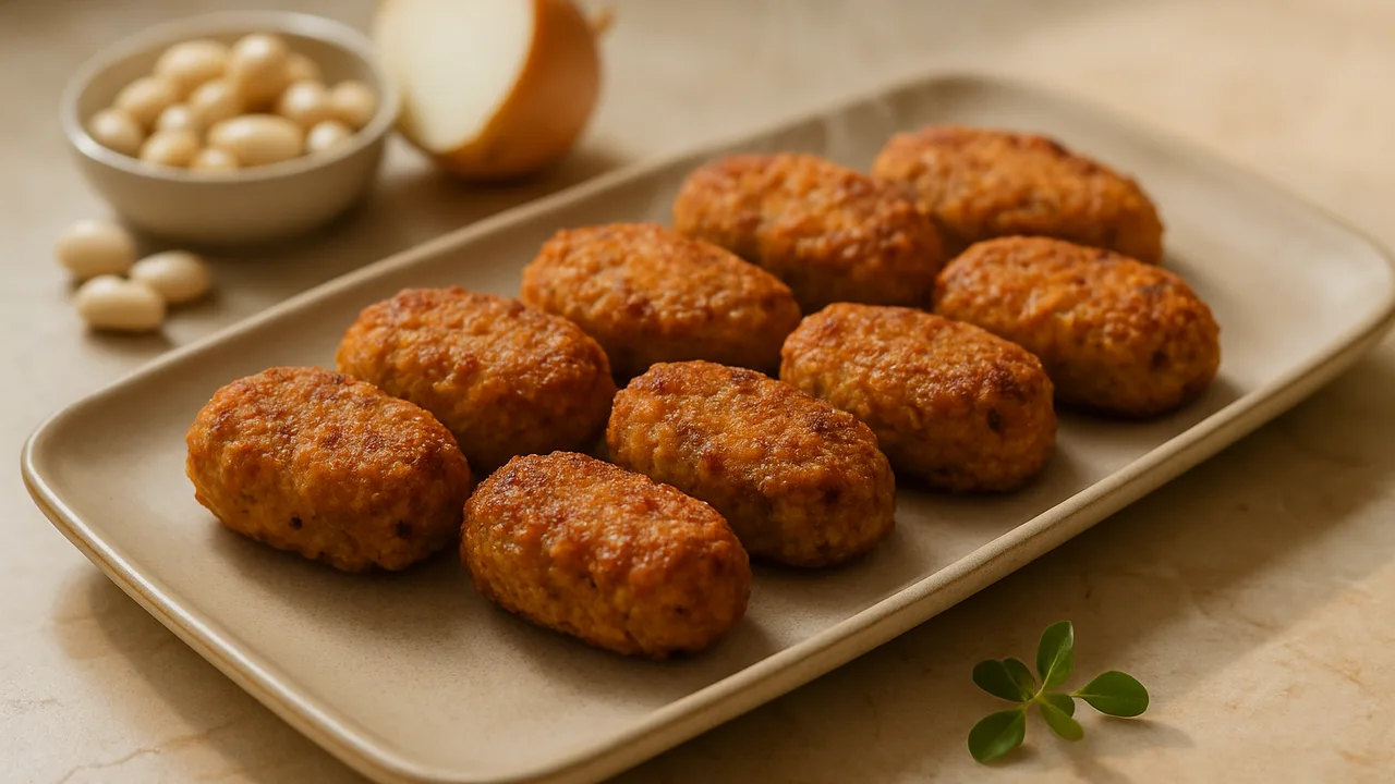 Mediterrane Weiße Bohnen Nuggets mit Topinambur aus dem Airfryer mit Weiße Bohnen aus der Dose und Zwiebel, auf beigem …