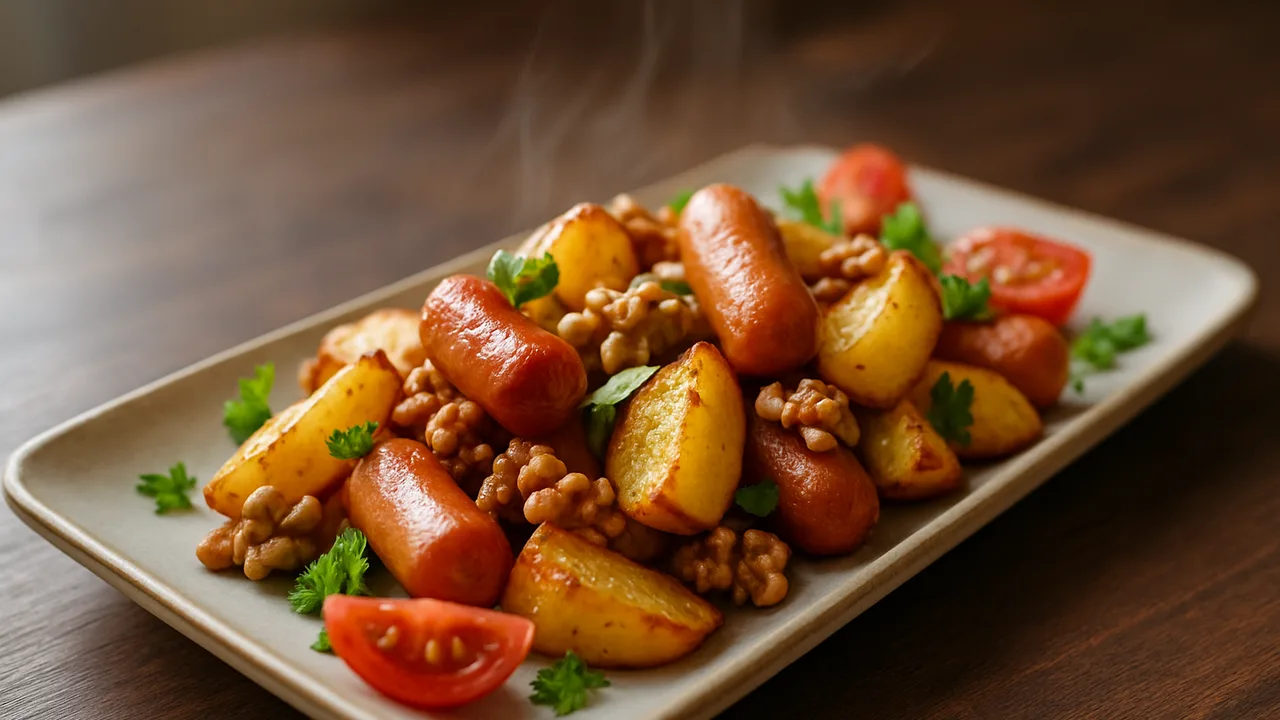 Mediterrane Wiener Würstchen-Kartoffeln mit Walnüssen aus dem Airfryer mit Wiener Würstchen und Kartoffeln, auf dunklem …