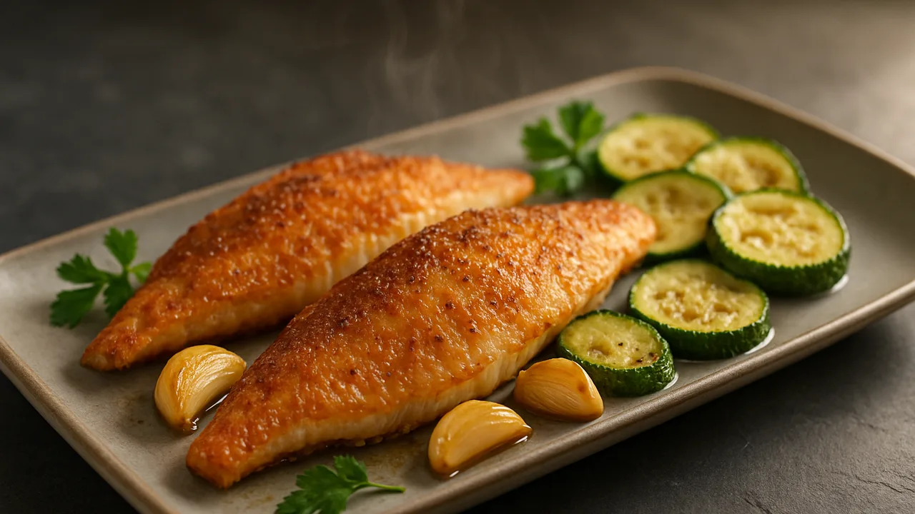 Mediterraner Rotbarsch mit Knoblauch aus dem Airfryer mit Rotbarschfilets und Knoblauchzehen, auf dunklem Schiefer …