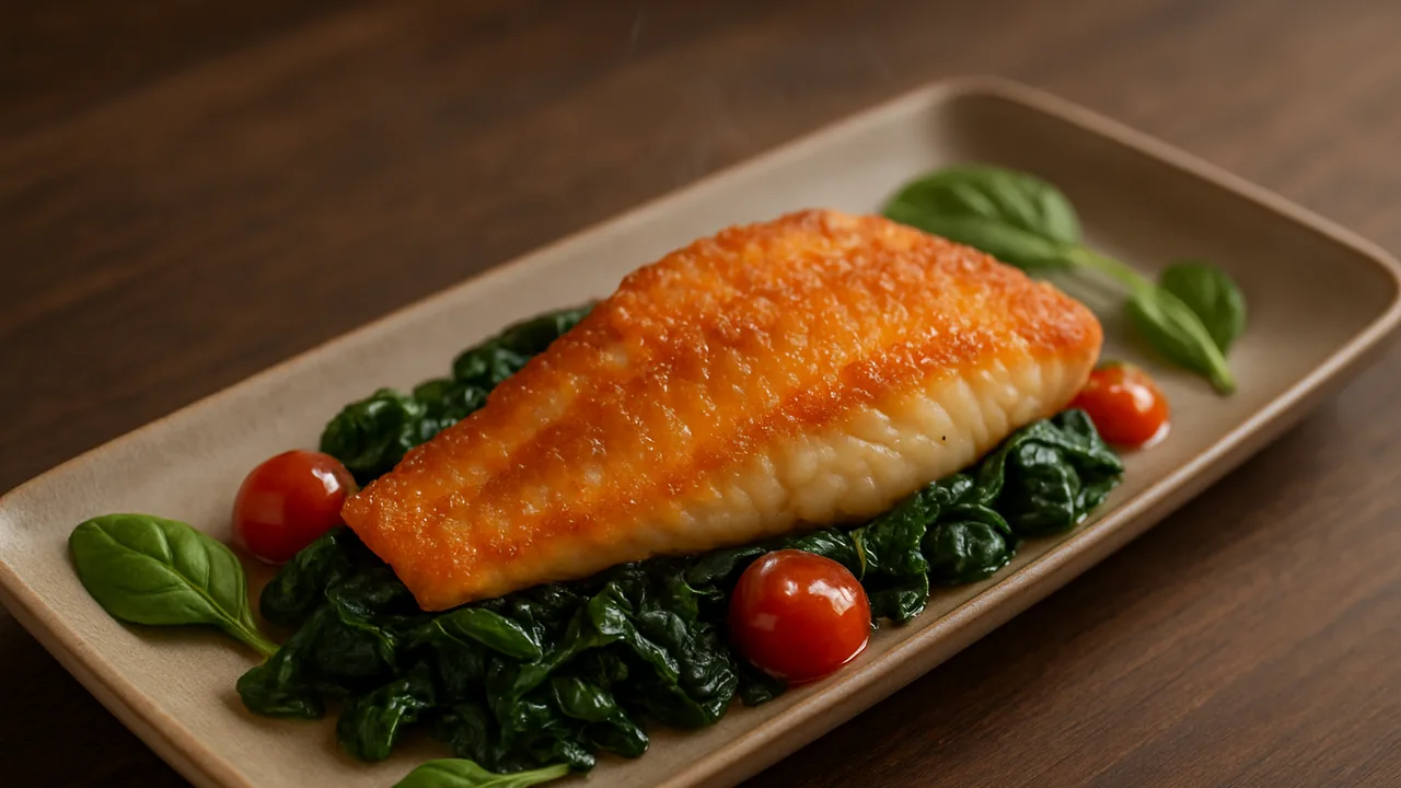 Mediterraner Rotbarsch mit Spinat aus dem Airfryer mit Rotbarschfilet und Blattspinat, auf dunklem Walnussholz angerichtet.