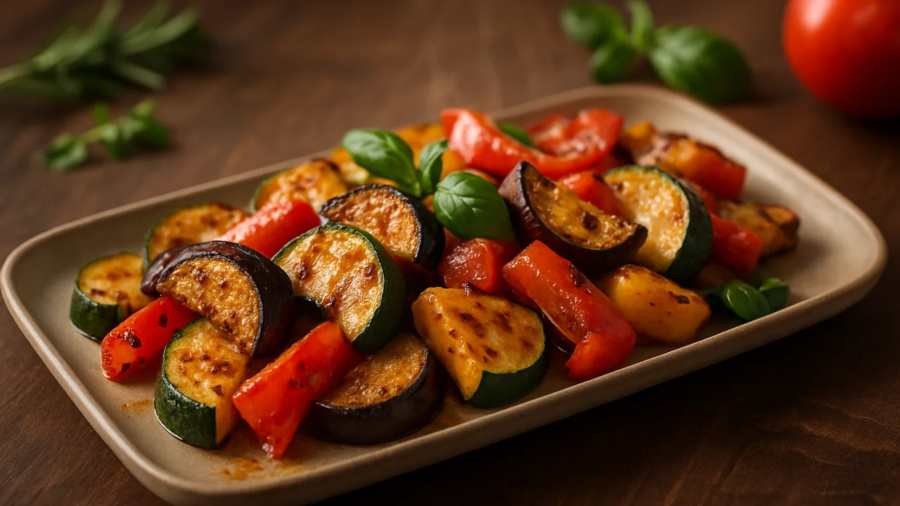 Mediterranes Grillgemüse mit Zucchini und Aubergine aus dem Airfryer mit Zucchini und Aubergine, auf dunklem Walnussholz …