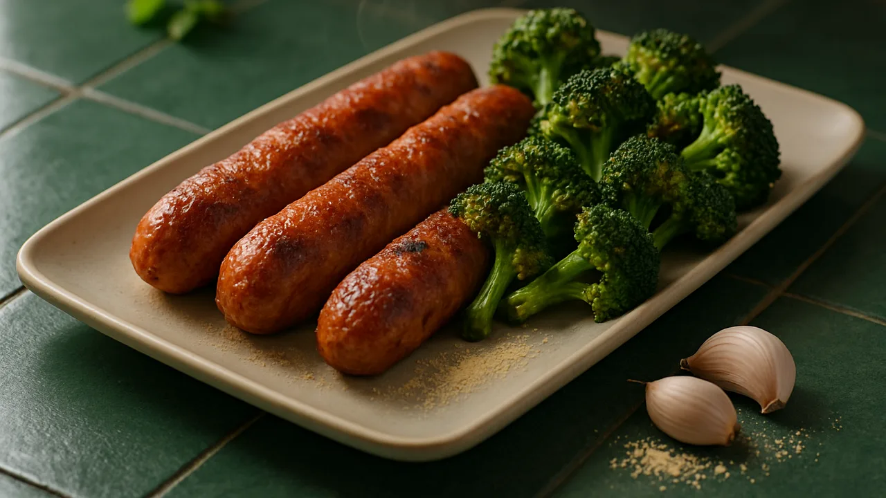 Mexikanisch Bratwurst mit Brokkoli aus dem Airfryer mit Bratwurst und Brokkoli, auf dunkelgrünen Fliesen angerichtet.